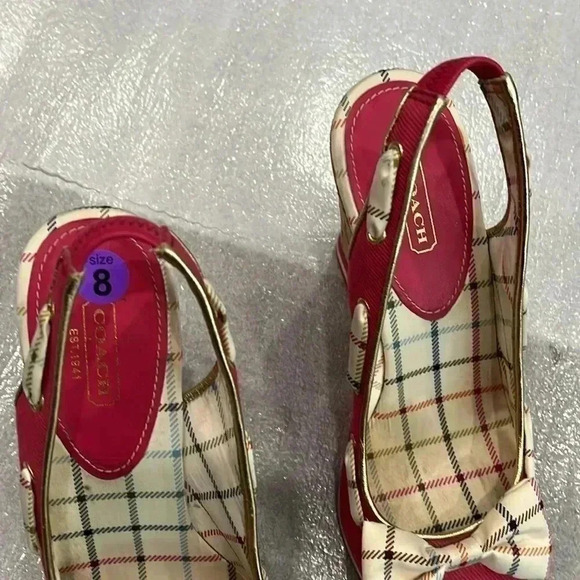 [8B]Coach Twirlino Twirling Open Toe Cork Wedges Bow  Detail Pink Plaid - Picture 5 of 10